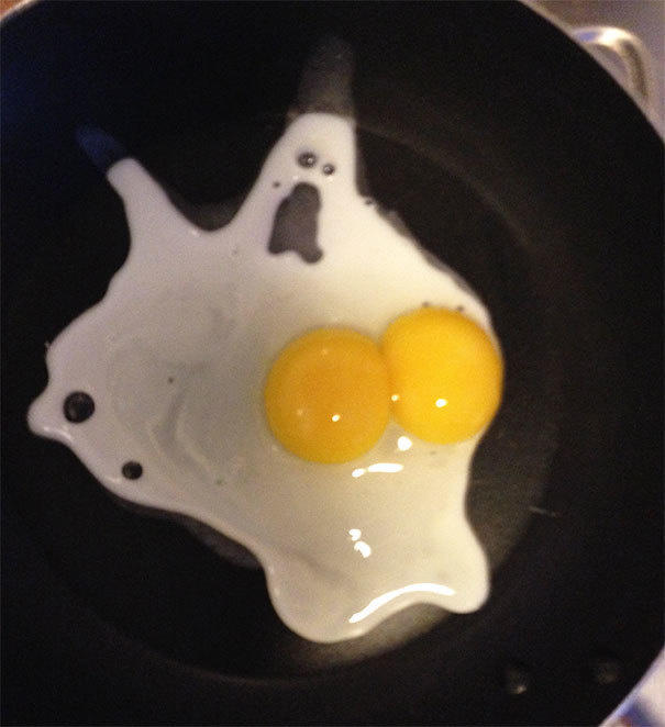 A cracked egg that ended up looking like a scared ghost. 