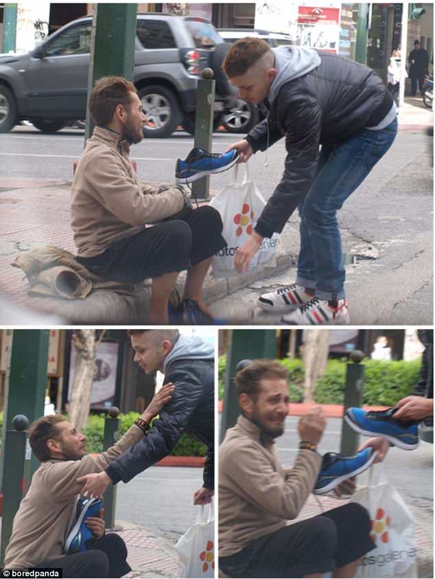 A homeless man was left overwhelmed when a kind stranger presented him with a pair of shoesÂ 