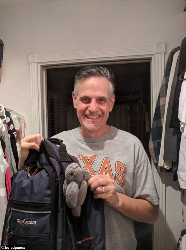 This father kept a stuffed toy in his backpack to remind him of his child - 18 years later he still carries it in his backpack