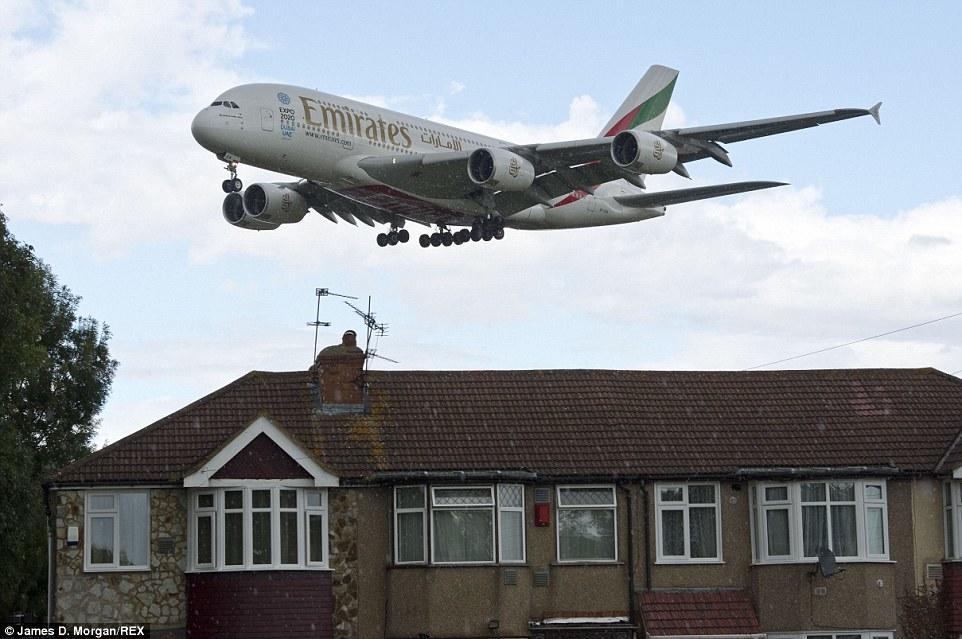 Behemoth: An Emirates planes coming in to land over Myrtle Avenue, Hounslow , believed to b one of the Noisiest Streets in Britain