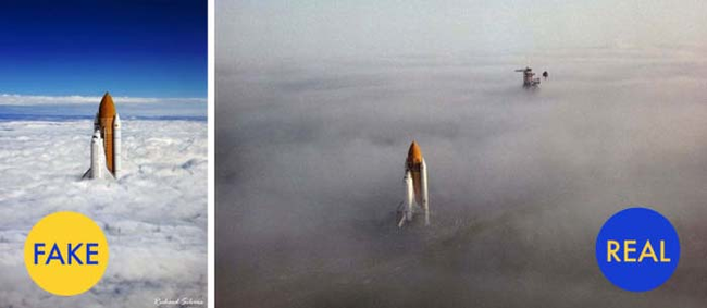 3.) While the photo on the left looks really cool, it's actually a composite of two different space shuttle photos.