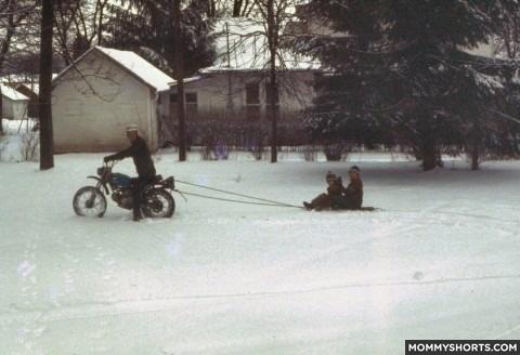 Attaching a sled to a motorbike created hours of fun. 