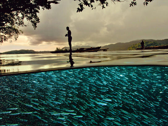 A fisherman casting his line on a coral inlet in Indonesia.