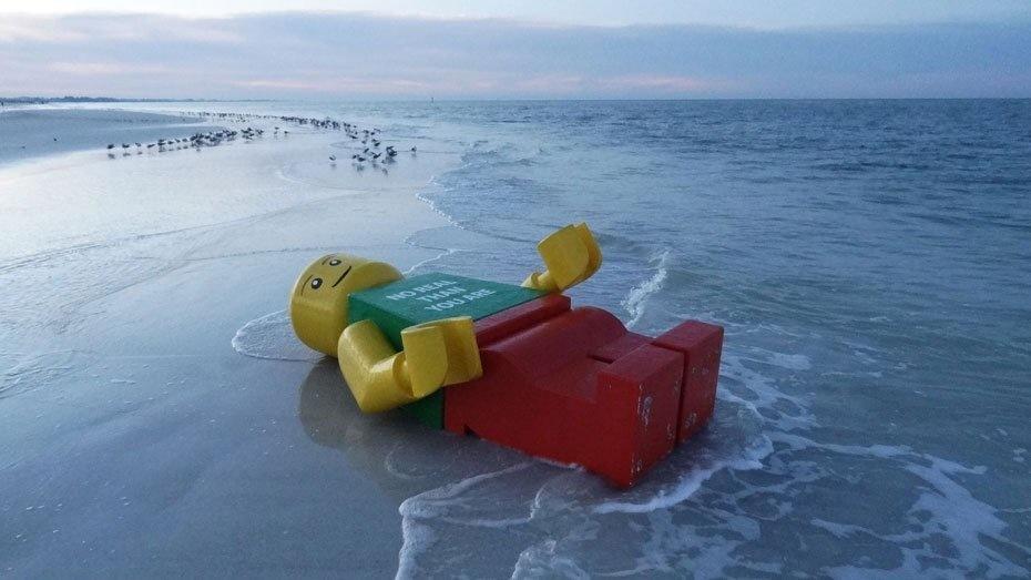 A giant Lego man washed onto the shore of Yuigahama beach.