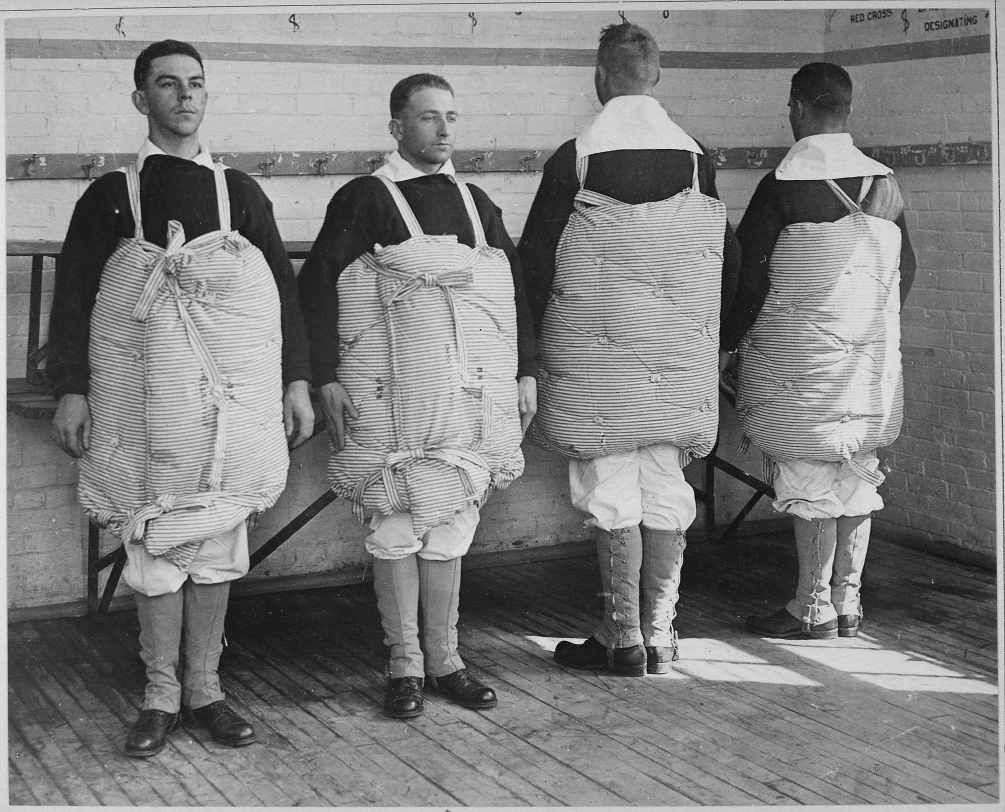 Mattresses used as life-preserves by the US Coast Guard recruits in 1917. 