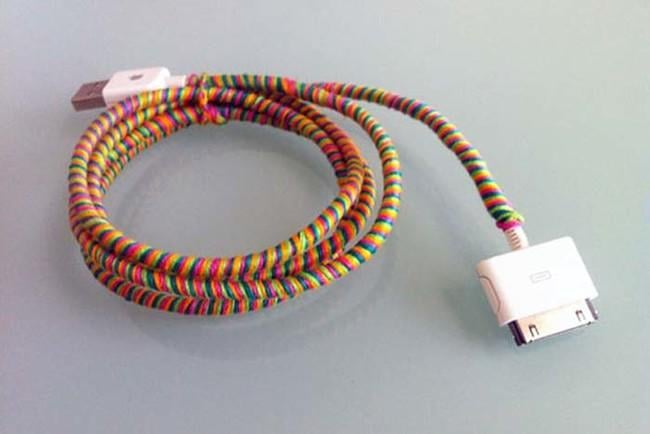 To keep a phone charger from getting tangled up, wrap it in colorful embroidery floss. 