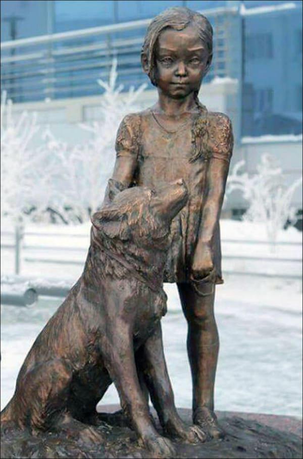Karina's story took the country by storm, and a statue called 'Girl with Dog' was unveiled at Yakutsk Airport as a tribute to the little survivor and the dog that saved her.