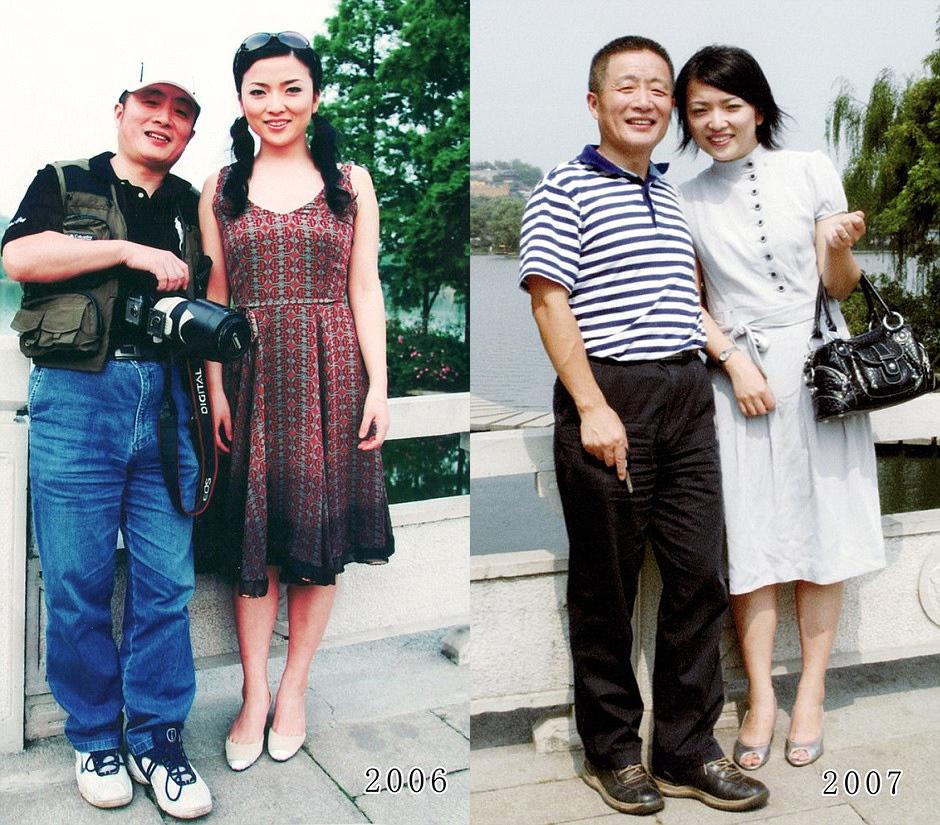 Pic shows: Chinese dad Hua Yunqing was photographed with daughter Huahua beside the same lake every year, showing them slowly ageing and the sceneery around them changing as well as time pases. This photo was taken in 2006. A young Chinese dad who was photographed with his one-year-old daughter 35-years-ago while on a day trip to a local beauty spot returned to the same location every year since to repeat the photo. Hua Yunqing, now aged 62, who posted the photos taken at Taying Lake online, said: "I didn