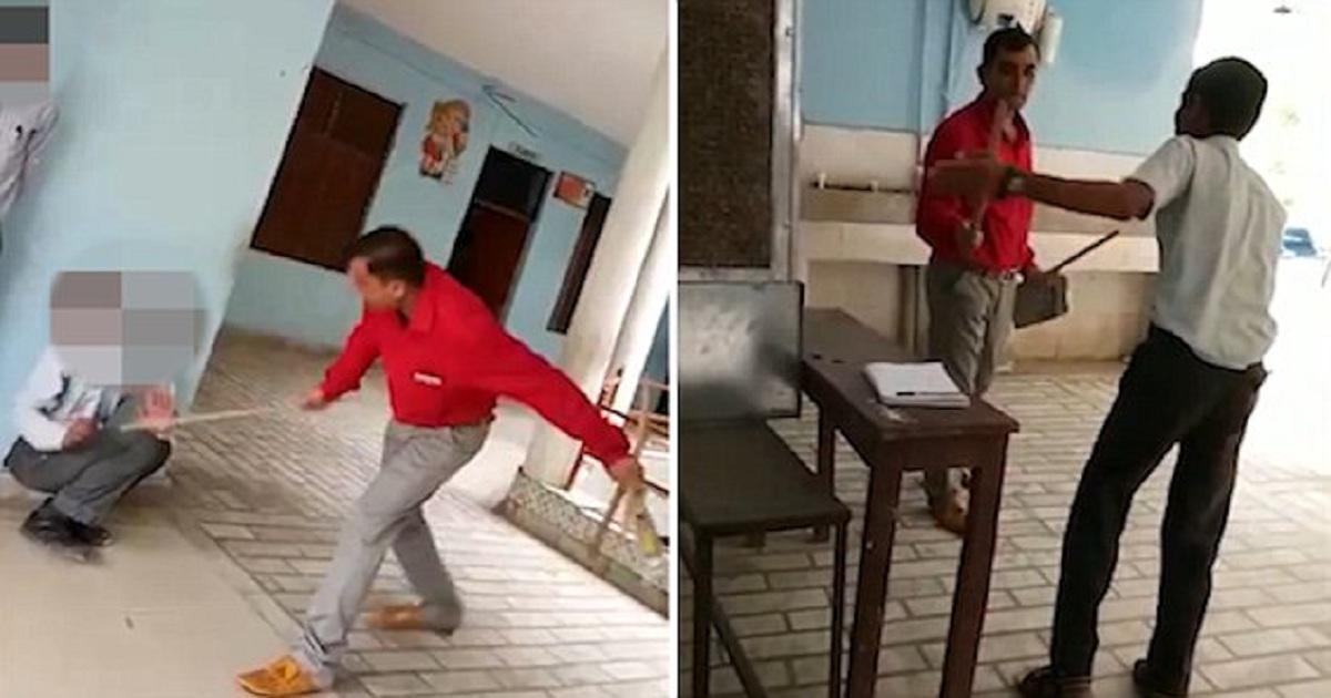 Ινδός δάσκαλος χτυπάει με όλη του τη δύναμη αβοήθητους μαθητές με ένα ξύλινο ραβδί επειδή έχουν κάνει λάθη