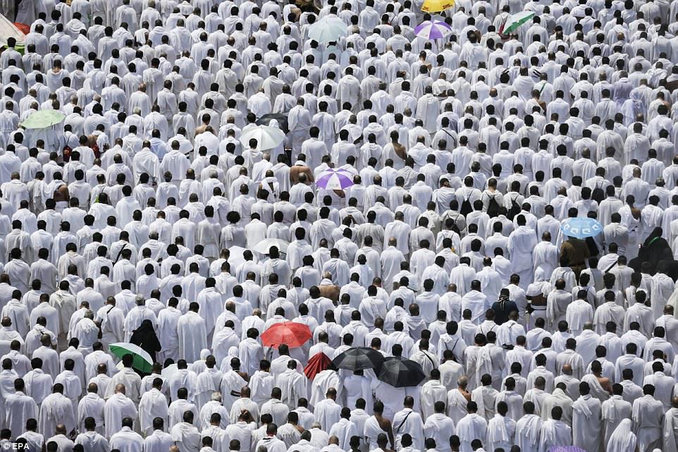 Mass gathering: Muslim worshippers pray during the Hajj pilgrimage outside Namrah Mosque in Arafat, near Mecca
