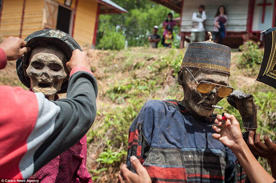 During the festival the bodies are given new clothes, offered cigarettes and sometimes food, and then paraded around the village in order to help bring a bountiful harvest. Here two villagers tend to the bodies of their father and mother which have been preserved using a formaldehyde solution