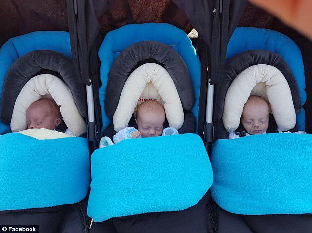 Single mother Sarah Owens, 29, found two of her five-month-old boys not breathing when she checked on them this morning. Pictured: The triplets