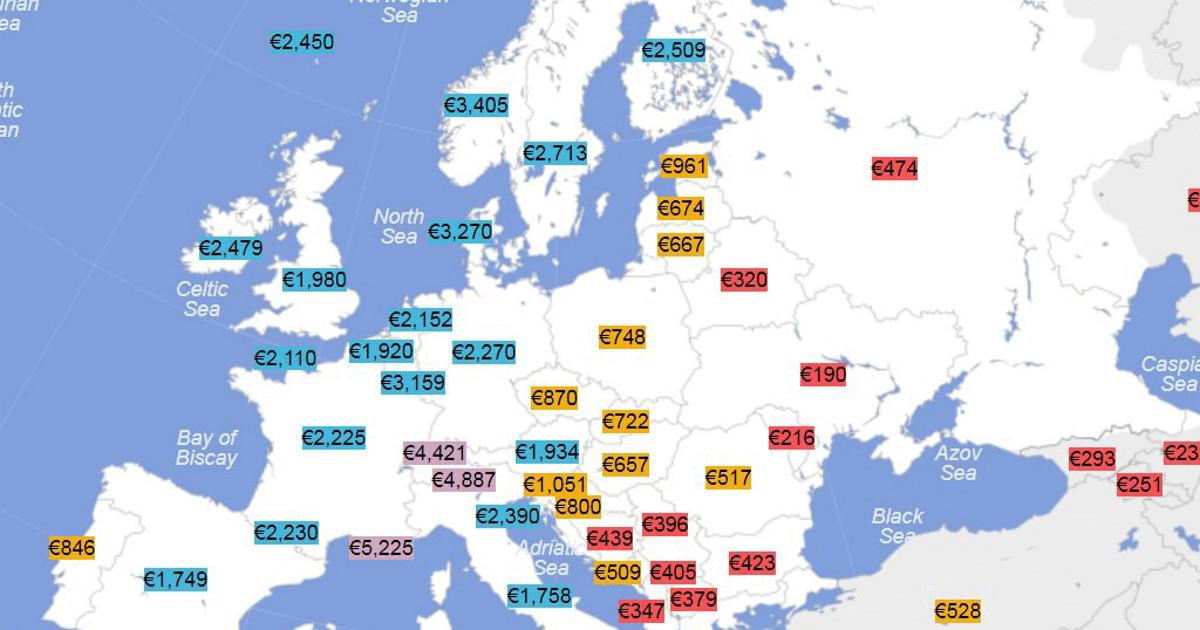 Χάρτης: Οι μέσοι μισθοί στην Ευρώπη. Σε ποιες χώρες είναι 4.420 ευρώ και σε ποιες 190 ευρώ