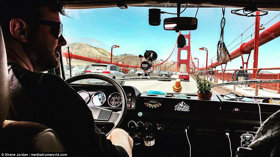 Mr Jordan drives across the Golden Gate Bridge in San Francisco. In the future, the pair plan to drive down to Patagonia in Argentina 