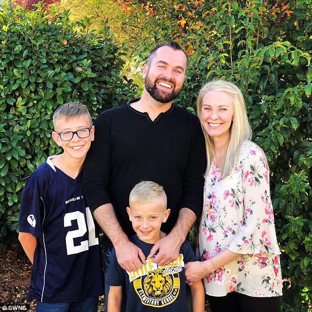 Family: The family from St George, Utah will grow from four to nine this spring when the five babies join the couple's two sons, Shayden, 12, (left) and Landon, seven, (middle)