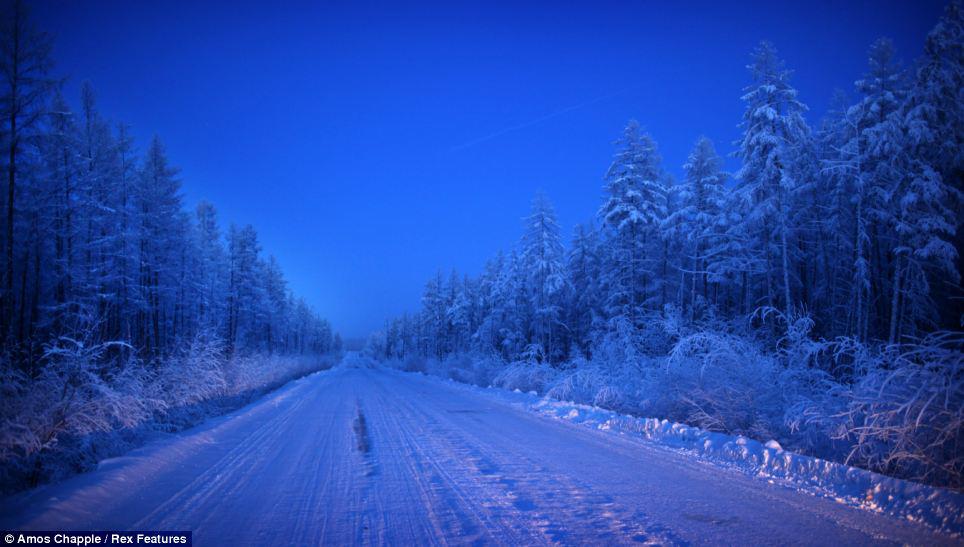 A view of Stalin's 'Road of Bones', the route to Oymyakon, on a -50c evening