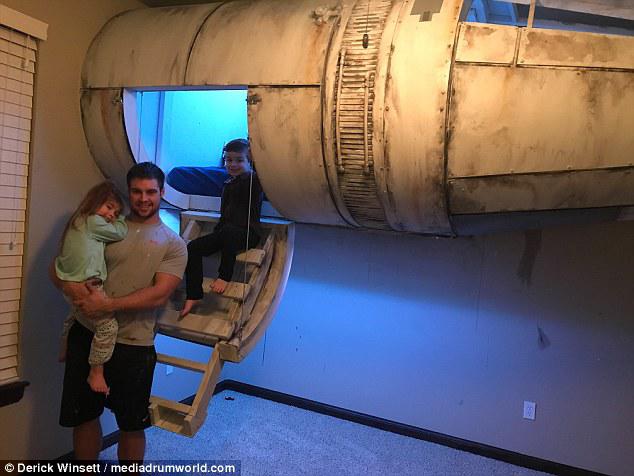 Quite a feat: Derick Winsett, 30, came up with the idea for the bed after taking his five-year-old son Mavrik to see The Last Jedi 