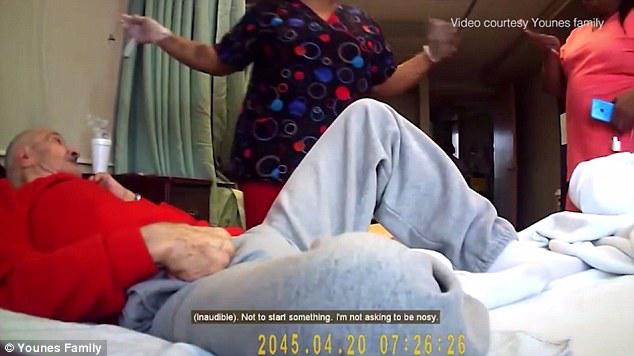 At one point in the video, a nurse roughly picks up Hussein Younes from his wheelchair and throws him in his bed 