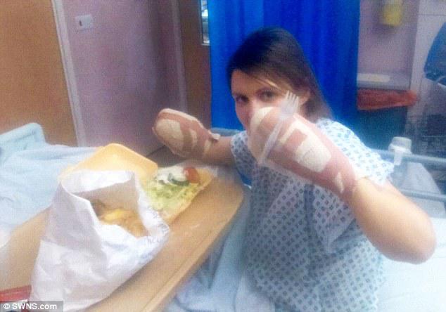 Magdalena (pictured eating in hospital) had to wait six months for surgery to amputate her limbs, and had to return to hospital three times a week for dialysis, with each session lasting up to four hours.