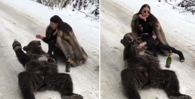 Σάλος με το πλουσιοκόριτσο που ποζάρει με γούνα και σαμπάνια δίπλα σε αρκούδα