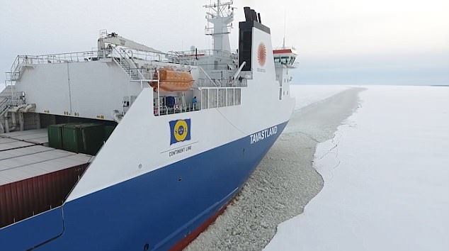 The freighter ship continues on its journey to the the snowy Port of Oulu
