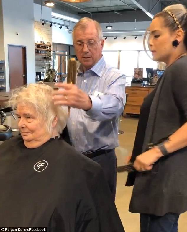 Heartwarming: A devoted husband named Andrew learned how to style his wife Theresa's hair at The Foundry Salon in New Braunfels, Texas, because she was unable to do it herselfÂ 