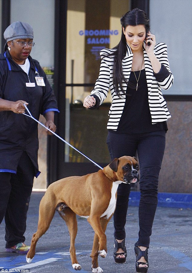 Doting pet owner: Kim Kardashian has now reportedly spent Â£10,000 on 'fake testicles' for her dog, Rocky, to raise his 'self-esteem' after she had him neutered (pictured in 2010)Â 