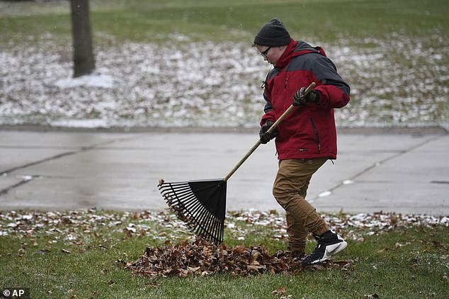 Kaleb Klakulak rakes leaves in Rochester Hills, Mich., as he raises money for a headstone for his best friend Kenneth "K.J." Gross, who died of cancer last year