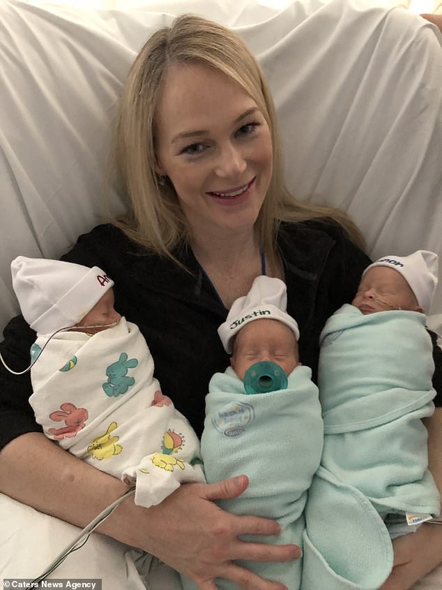 However, the couple chose to continue the pregnancy with all three babies, and welcomed the healthy triplets via C section in April last year