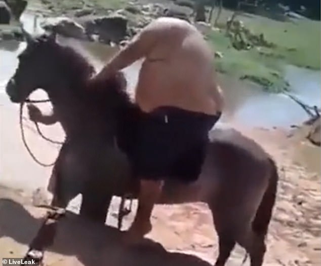 The clip, filmed in an unknown location, shows a shirtless man as he attempts to mount a horse from a stone wall