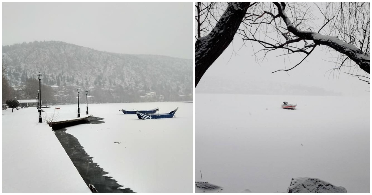 Σπάνιο θεάμα: «Πάγωσε» η λίμνη της Καστοριάς και οι εικόνες από το ολόλευκο αλπικό τοπίο είναι μαγευτικές