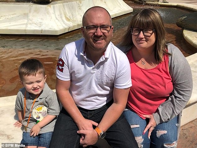 Emma Reilly, 38, passed away 12 days after being admitted to Salford Royal Hospital in Greater Manchester when she tested positive for coronavirus. Pictured: Ms Reilly with her husband Tony and their son Connor