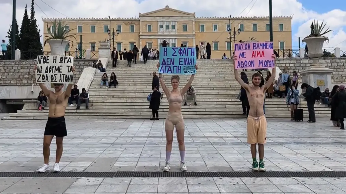 Σύνταγμα: Διαμαρτυρία vegan ενάντια στη σφαγή αμνοεριφίων για το Πάσχα